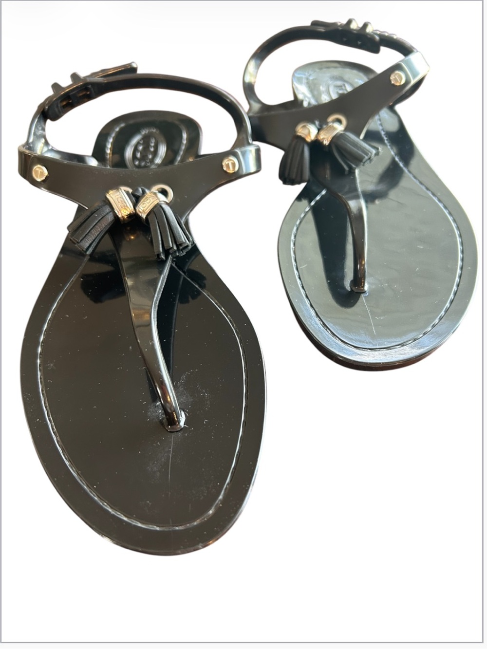 NEW Tod's Black Patent Leather Tassel Jelly Thong Sandals size 38 US 8 NWOB